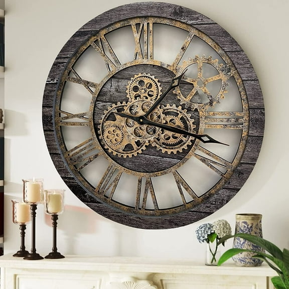 THE GEARS CLOCK Wall Clock with Real Moving Gears AM-LI_ 24 in Round Carbon-Grey
