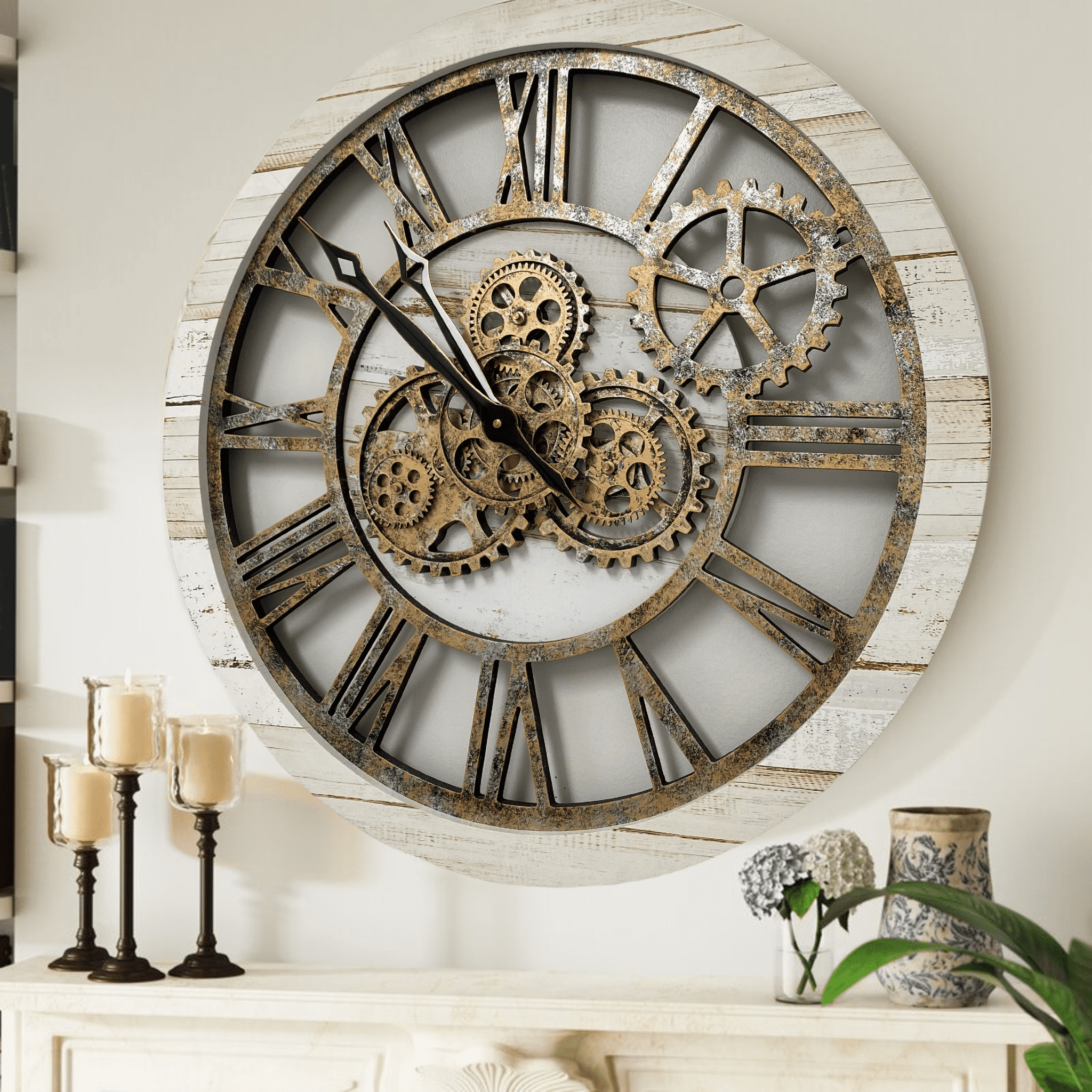 Oversized Desert Beige and Bronze Industrial Wall Clock with Real Moving Gears