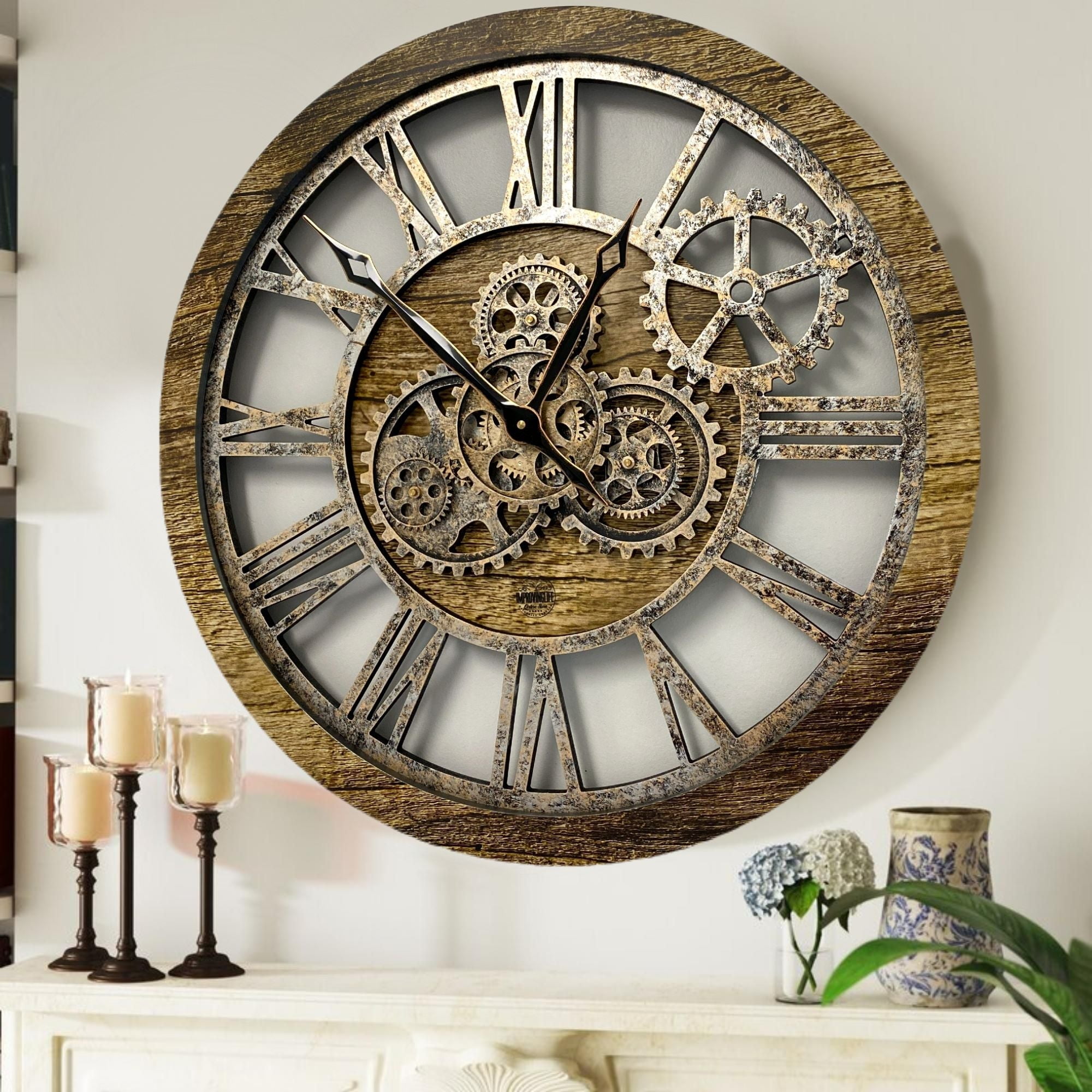 THE GEARS CLOCK Wall Clock with Real Moving Gears AM-LI_ 24 in Round Gold-Antique