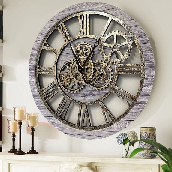 THE GEARS CLOCK Wall Clock with Real Moving Gears AM-LI_ 24 in Round Silver-Grey