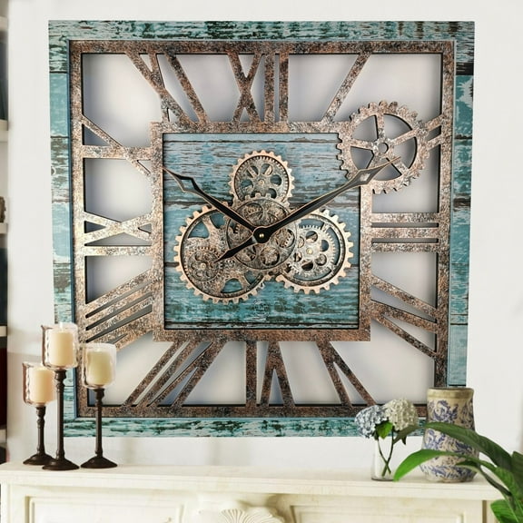 THE GEARS CLOCK Wall Clock with Real Moving Gears AM-LI_ 24 in Square Aqua-Green