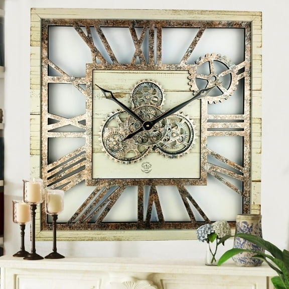 THE GEARS CLOCK Wall Clock with Real Moving Gears AM-LI_ 24 in Square Desert-Beige