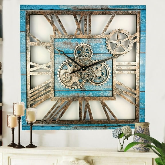 THE GEARS CLOCK Wall Clock with Real Moving Gears AM-LI_ 24 in Square Ocean-Blue