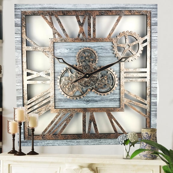 THE GEARS CLOCK Wall Clock with Real Moving Gears AM-LI_ 24 in Square Silver-Grey