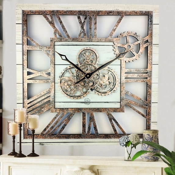 THE GEARS CLOCK Wall Clock with Real Moving Gears AM-LI_ 24 in Square White-Farmhouse