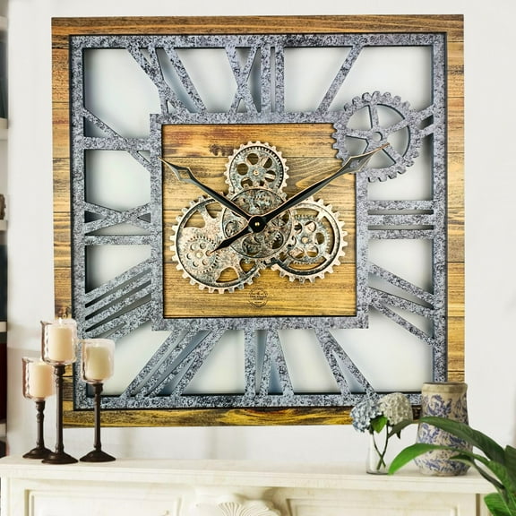 THE GEARS CLOCK Wall Clock with Real Moving Gears AM-LI_ 24 in Square Wood-Stone