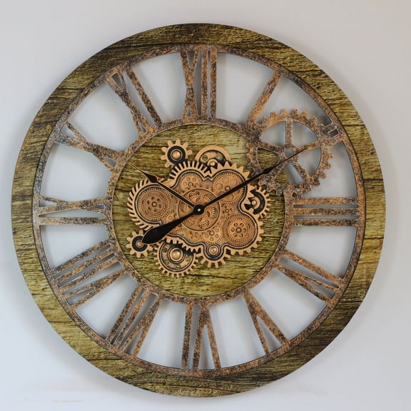 THE GEARS CLOCK Wall Clock with Real Moving Gears AM-LI_ 36 in Round Gold-Antique