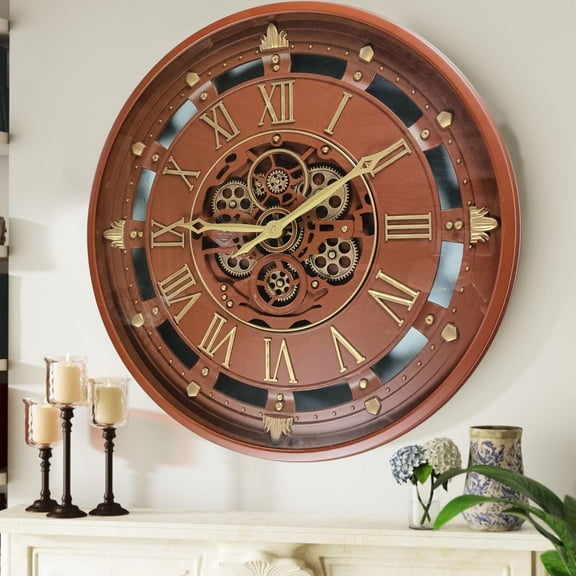 THE GEARS CLOCK Wall Clock with Real Moving Gears BE-LI_ 26 in Round Brown