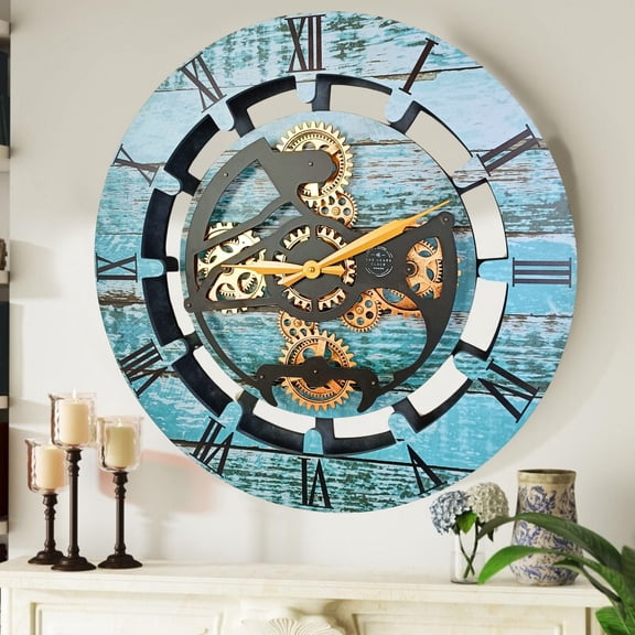 THE GEARS CLOCK Wall Clock with Real Moving Gears CA-LI_ 24 in Round Aqua-Green