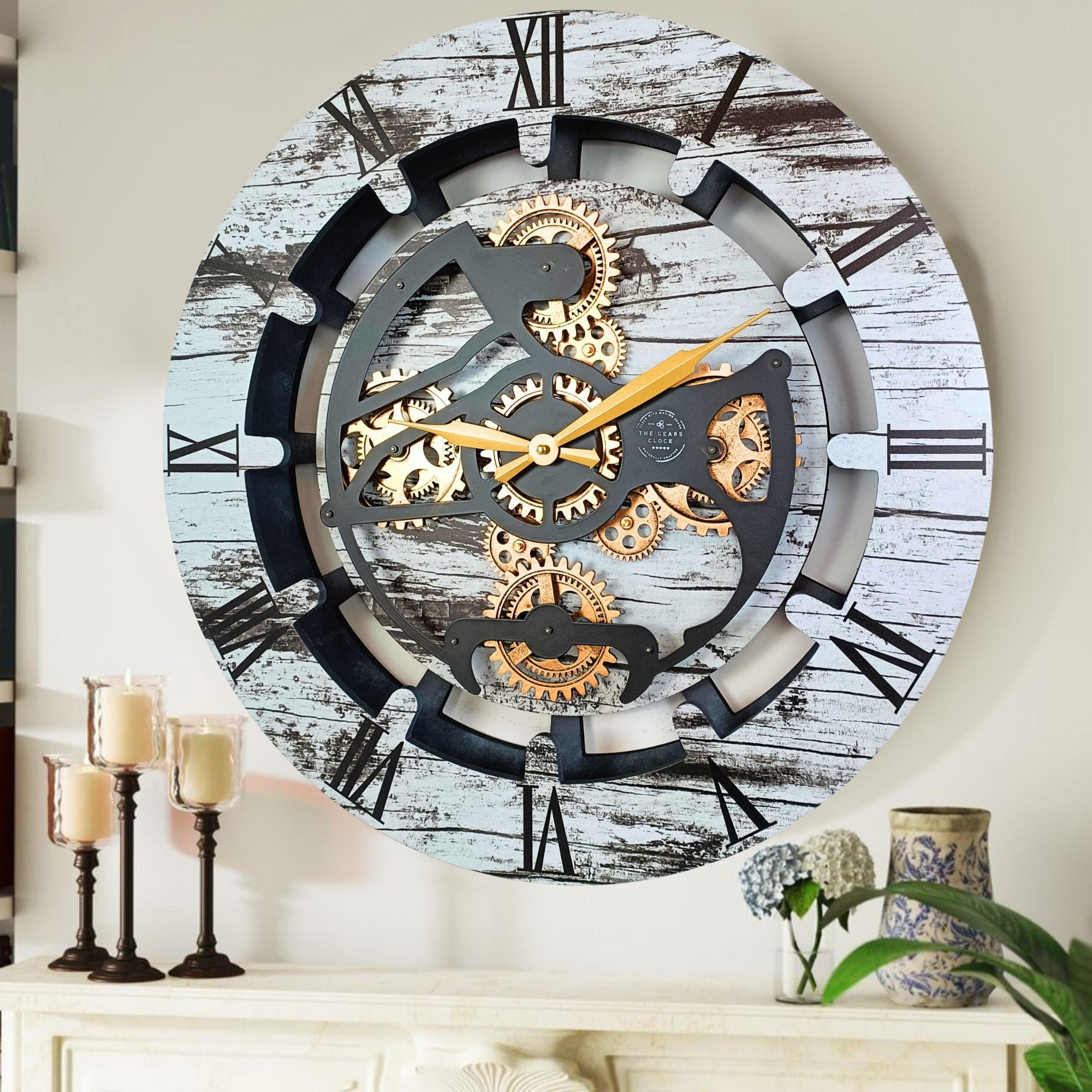THE GEARS CLOCK Wall Clock with Real Moving Gears CA-LI_ 24 in Round Grey-White