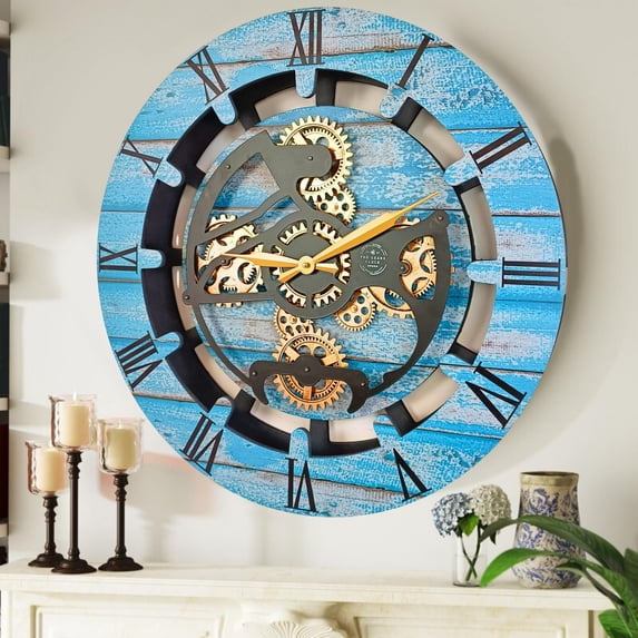 THE GEARS CLOCK Wall Clock with Real Moving Gears CA-LI_ 24 in Round Ocean-Blue