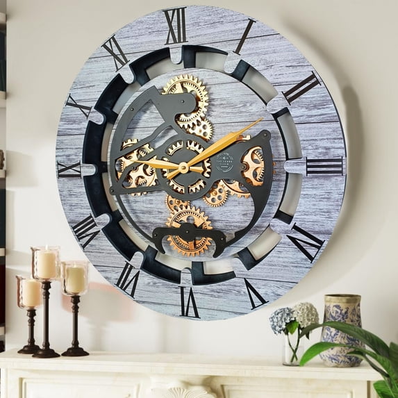 THE GEARS CLOCK Wall Clock with Real Moving Gears CA-LI_ 24 in Round Silver-Grey