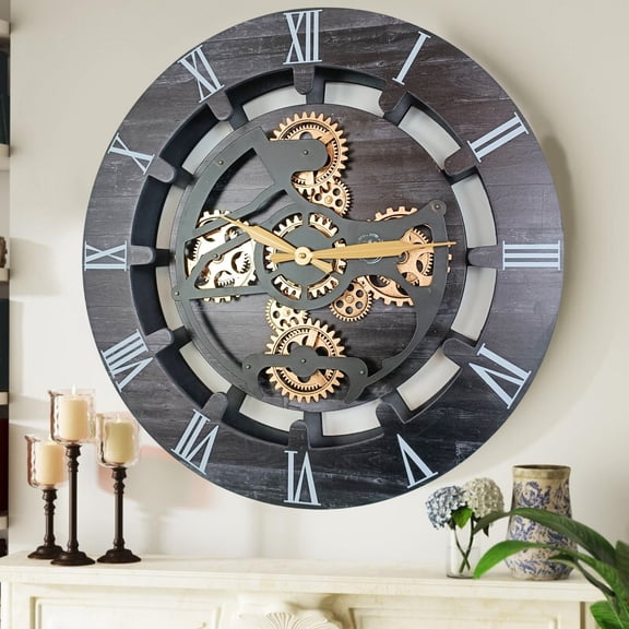 THE GEARS CLOCK Wall Clock with Real Moving Gears CA-LI_ 24 in Round Vintage-Black