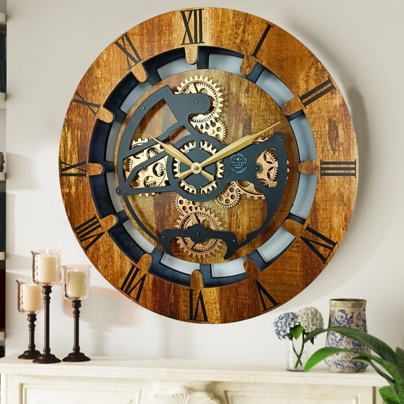 THE GEARS CLOCK Wall Clock with Real Moving Gears CA-LI_ 24 in Round Vintage-Brown