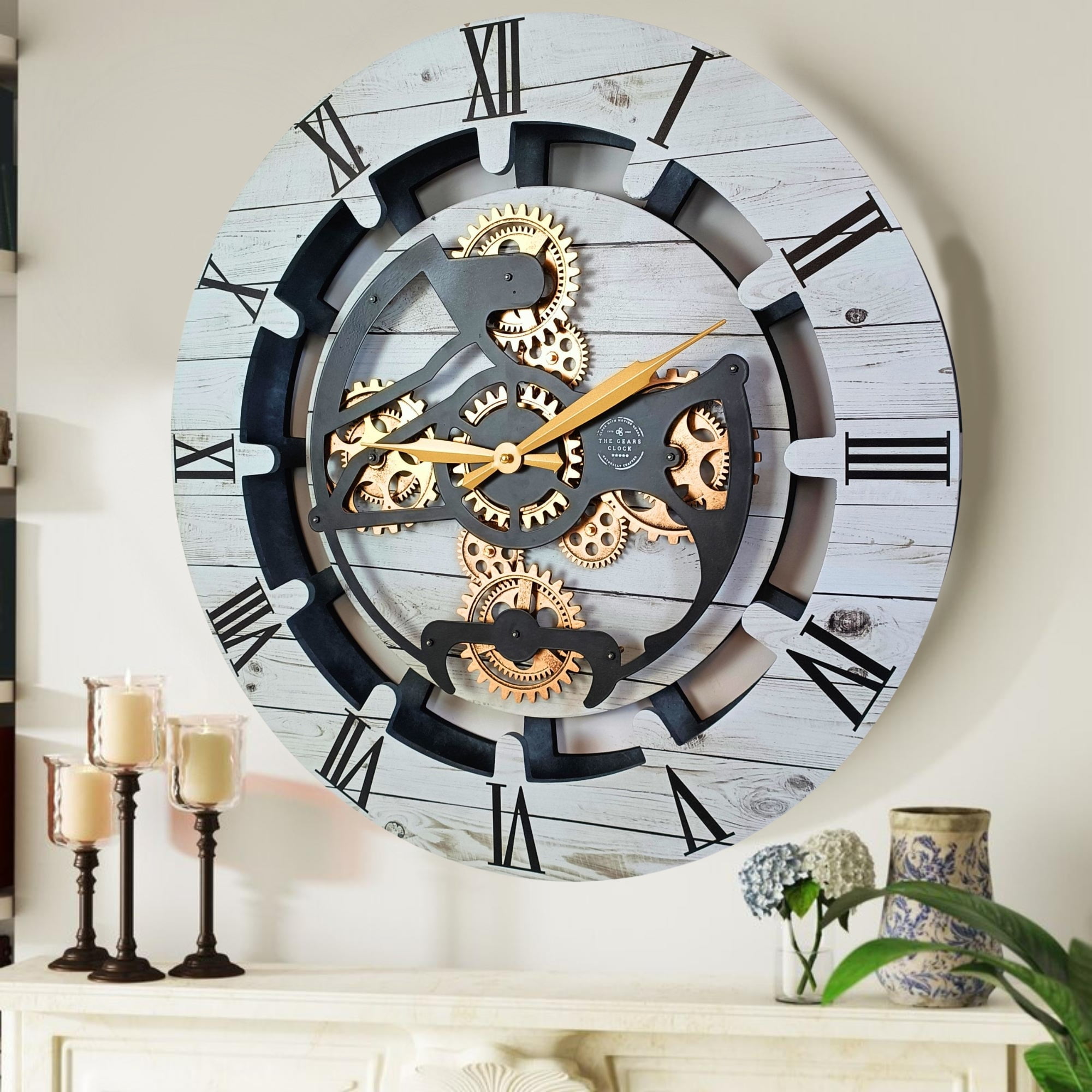 THE GEARS CLOCK Wall Clock with Real Moving Gears CA-LI_ 24 in Round White-Farmhouse