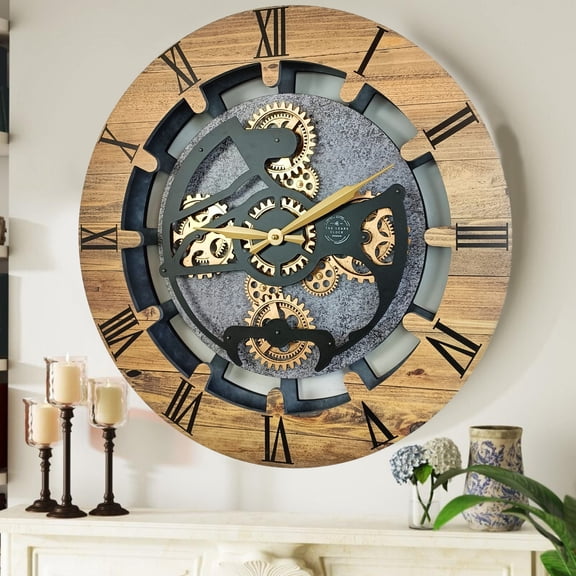 THE GEARS CLOCK Wall Clock with Real Moving Gears CA-LI_ 24 in Round Wood-Stone