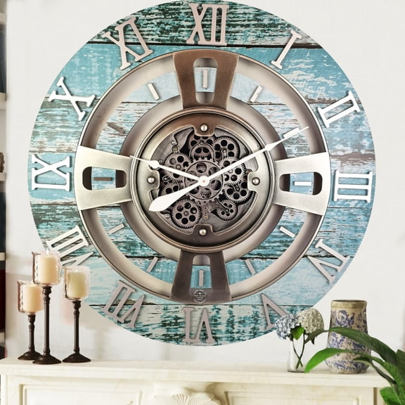 THE GEARS CLOCK Wall Clock with Real Moving Gears EN-LI_ 24 in Round Aqua-Green