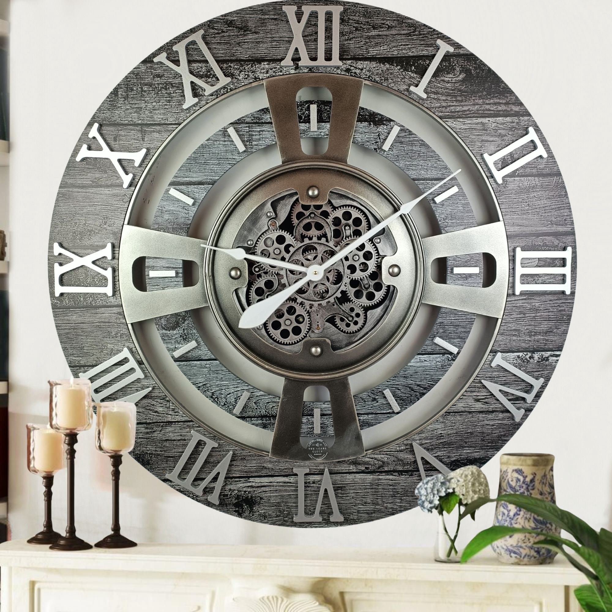 THE GEARS CLOCK Wall Clock with Real Moving Gears EN-LI_ 24 in Round Carbon-Grey