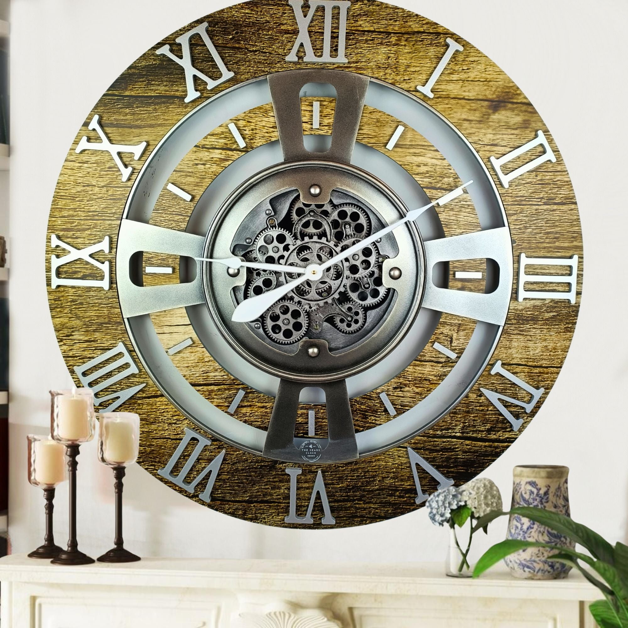 THE GEARS CLOCK Wall Clock with Real Moving Gears EN-LI_ 24 in Round Gold-Antique