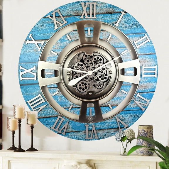 THE GEARS CLOCK Wall Clock with Real Moving Gears EN-LI_ 24 in Round Ocean-Blue