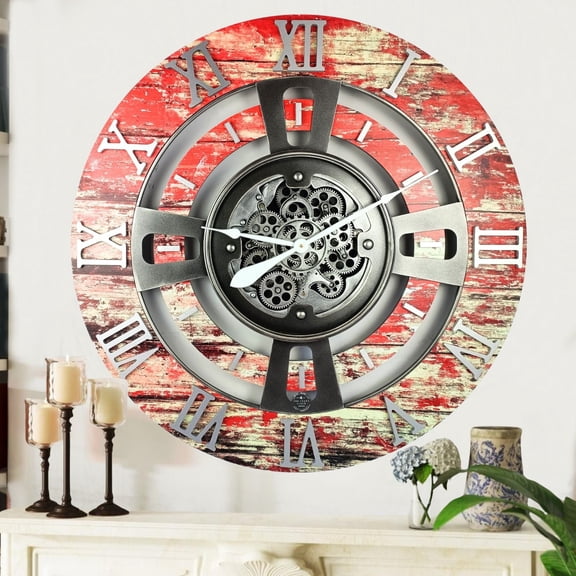 THE GEARS CLOCK Wall Clock with Real Moving Gears EN-LI_ 24 in Round Red-Lava