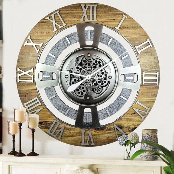 THE GEARS CLOCK Wall Clock with Real Moving Gears EN-LI_ 24 in Round Wood-Stone