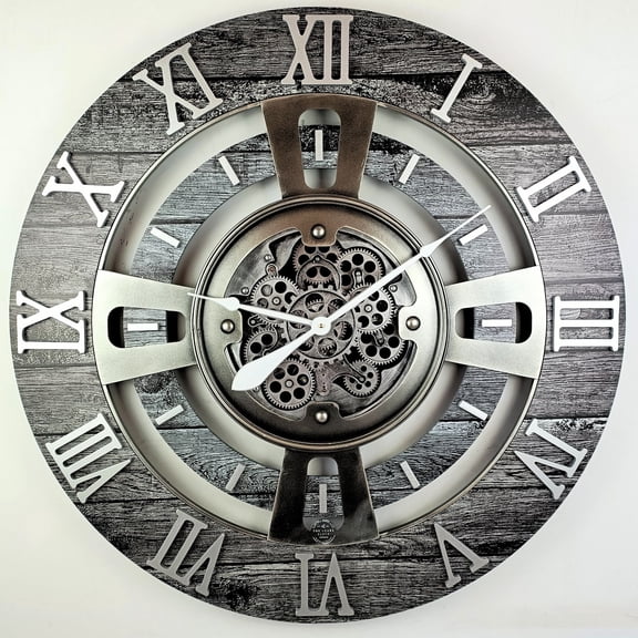 THE GEARS CLOCK Wall Clock with Real Moving Gears EN-LI_ 36 in Round Carbon-Grey