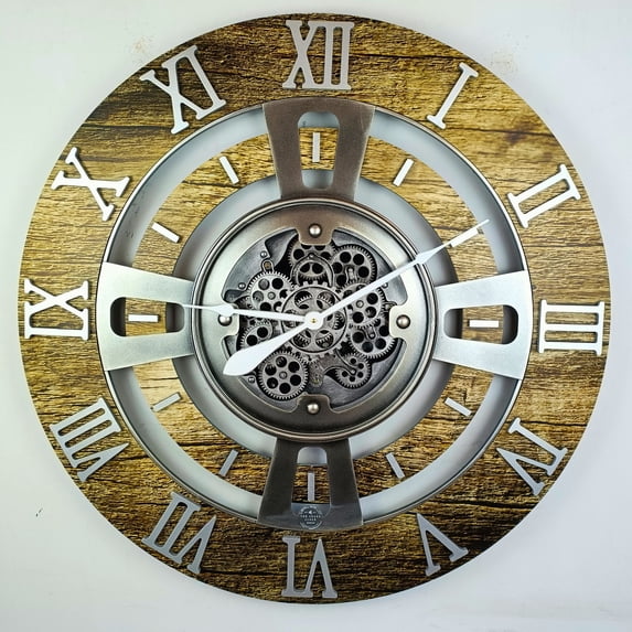 THE GEARS CLOCK Wall Clock with Real Moving Gears EN-LI_ 36 in Round Gold-Antique