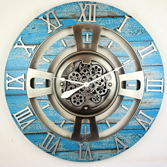 THE GEARS CLOCK Wall Clock with Real Moving Gears EN-LI_ 36 in Round Ocean-Blue