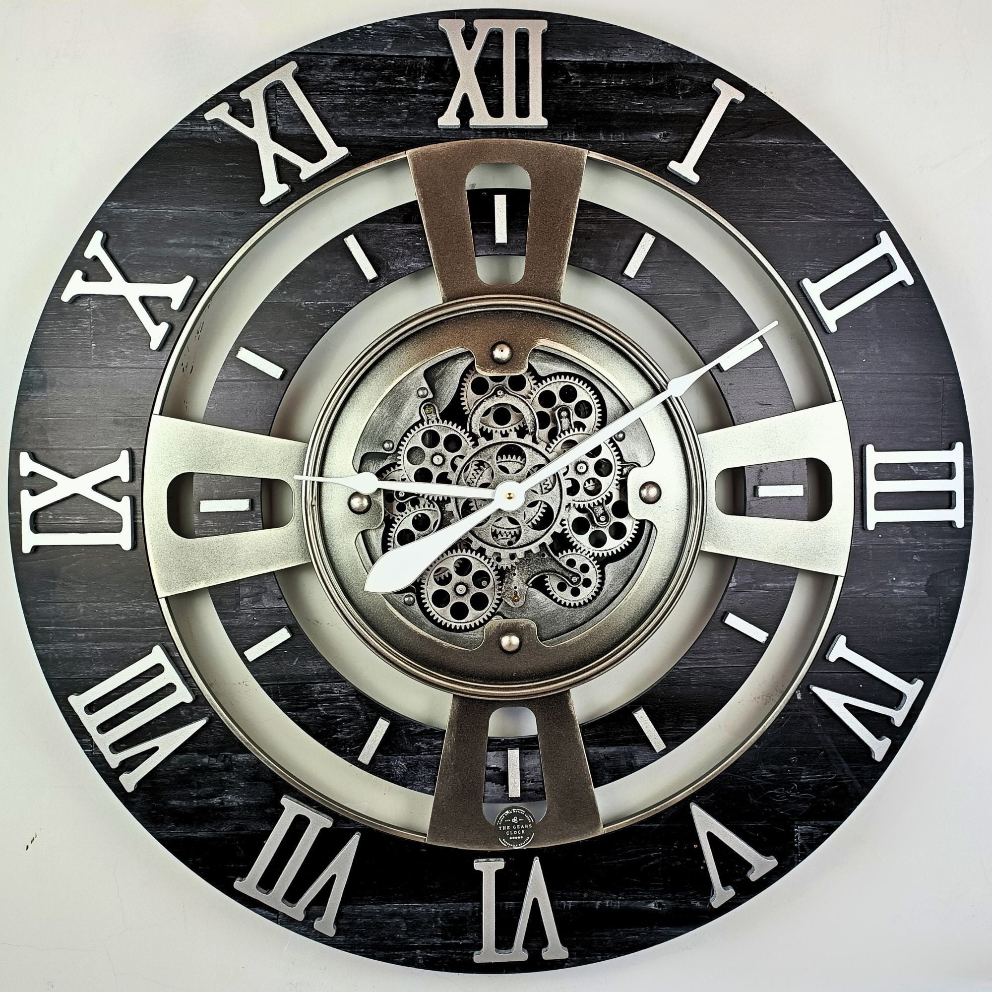 Oversized Vintage Black Wall Clock with Real Moving Gears