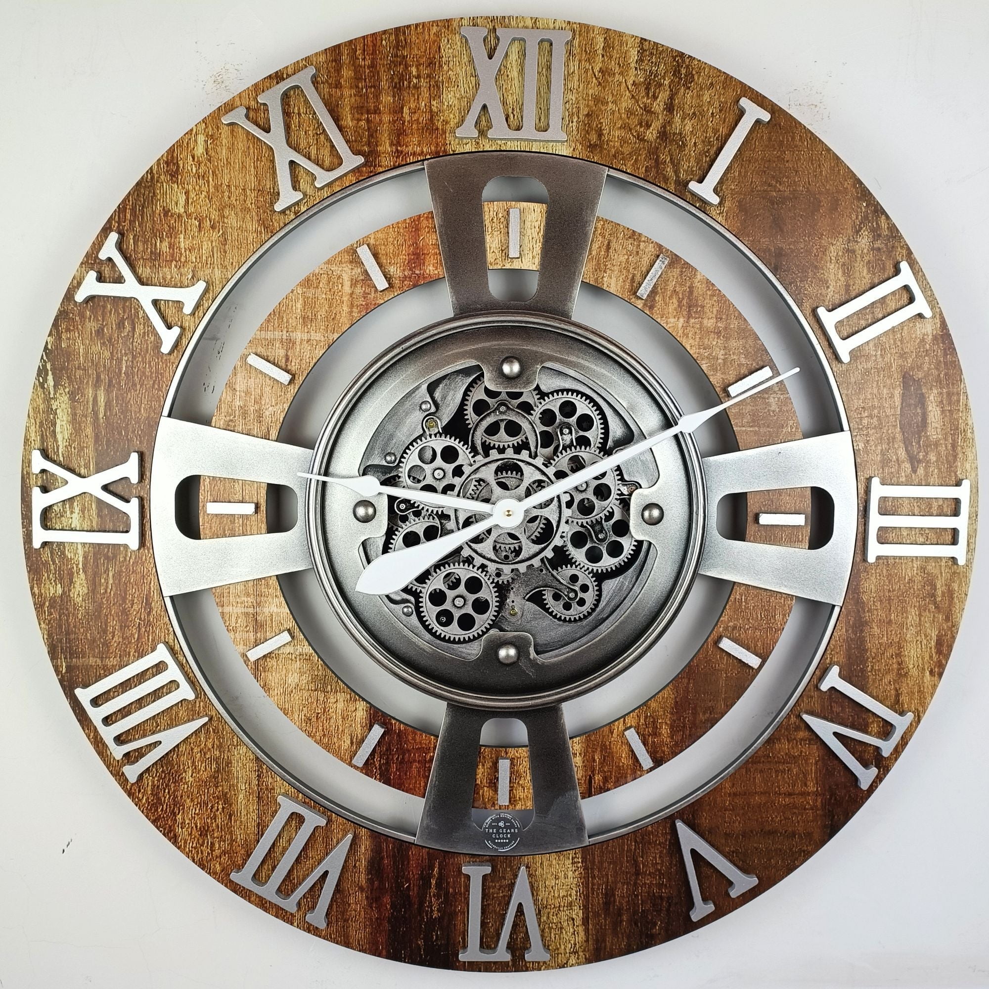 Oversized Vintage Brown Fir Wood Wall Clock with Real Moving Gears