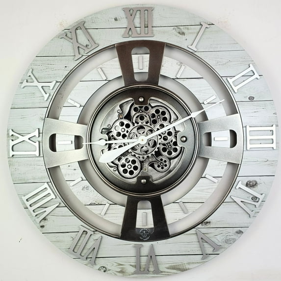 THE GEARS CLOCK Wall Clock with Real Moving Gears EN-LI_ 36 in Round White-Farmhouse