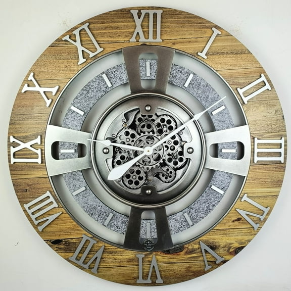 THE GEARS CLOCK Wall Clock with Real Moving Gears EN-LI_ 36 in Round Wood-Stone