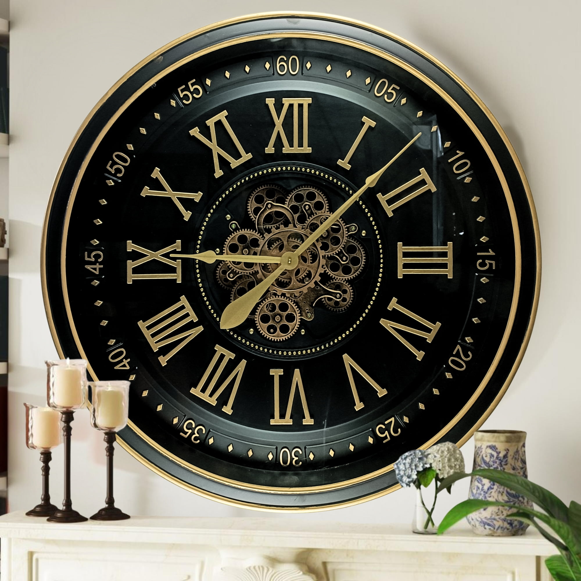 THE GEARS CLOCK Wall Clock with Real Moving Gears IR-LI_ 32 in Round BLACK-ANTIQUE