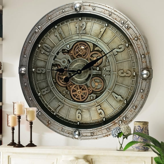 THE GEARS CLOCK Wall Clock with Real Moving Gears LU-LI_ 27 in Round SILVER-ANTIQUE