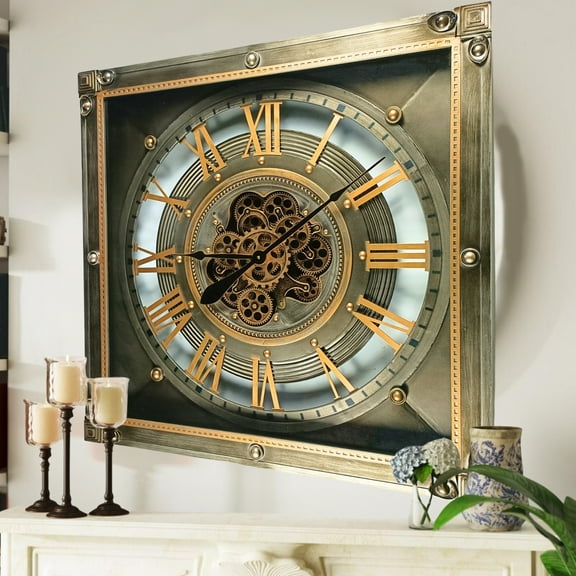 THE GEARS CLOCK Wall Clock with Real Moving Gears LU-LI_ 32 in Square BRONZE-ANTIQUE