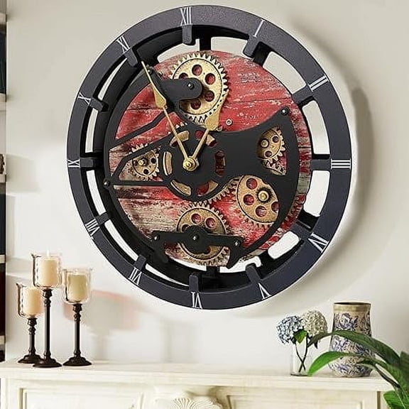 THE GEARS CLOCK Wall Clock with Real Moving Gears (Mantel clock)CA-LI_ 16 in Round Red-Lava