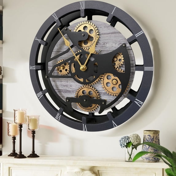THE GEARS CLOCK Wall Clock with Real Moving Gears (Mantel clock)CA-LI_ 16 in Round Silver-Grey