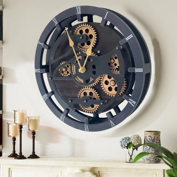 THE GEARS CLOCK Wall Clock with Real Moving Gears (Mantel clock)CA-LI_ 16 in Round Vintage-Black