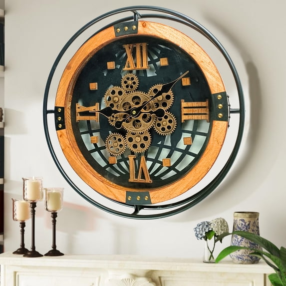 THE GEARS CLOCK Wall Clock with Real Moving Gears PO-LI_ 18 in Round WOOD-BLACK