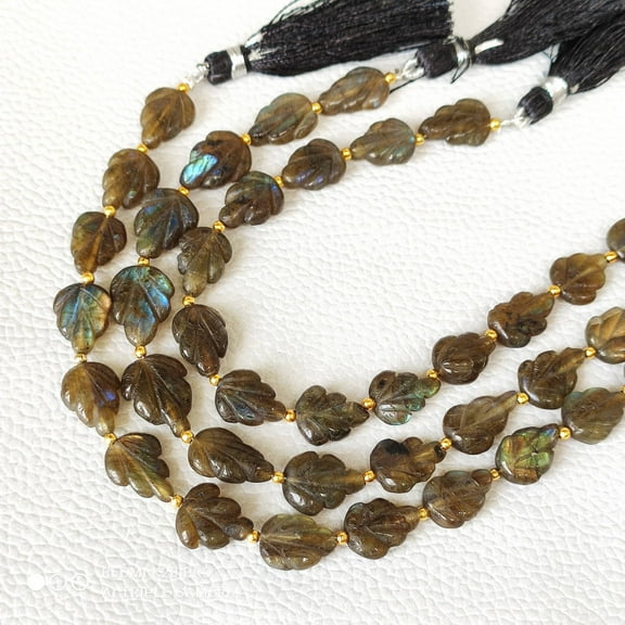 THE GEMS GRID Labradorite Leaf Carved Beads 9x14mm to 12x16mm Pear Shape Gemstones, 8" Loose Tassel Strand for Jewelry Making & DIY Crafts