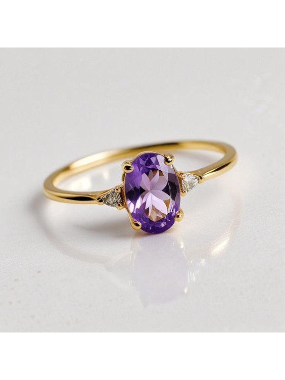 Purple Oval Gemstone Ring for Women, Gold-Tone Setting (Design-3)