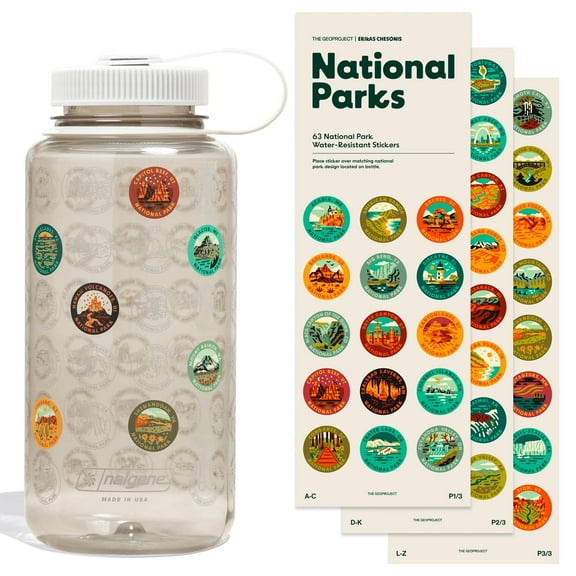 THE GEOPROJECT National Parks Plastic Water Bottle with Waterproof Stickers Kit, Light Weight and Wide Mouth Lid 32oz