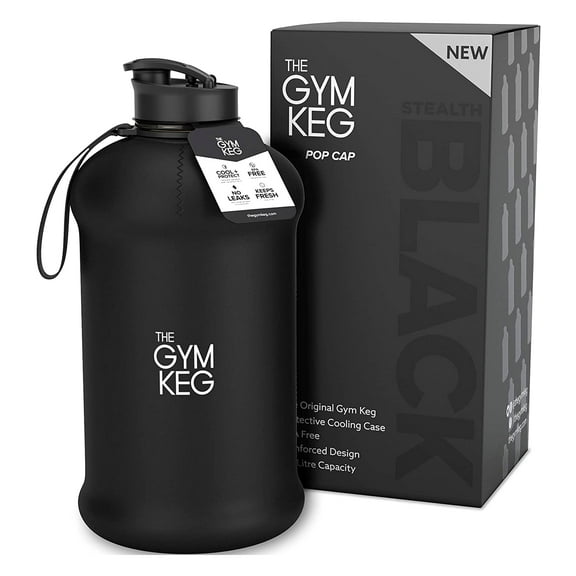 THE GYM KEG 74oz Half Gallon Water Bottle with Carry Handle, Leakproof, Eco-friendly, Tritan BPA Free Plastic (Stealth Black)