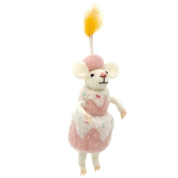 THE JOY TREE Birthday Mouse Ornament - Wool White Mouse Birthday Cake Christmas Ornament