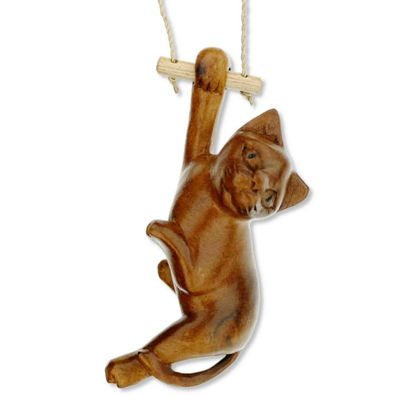 THE JOY TREE Cat Sculpture - Hand Carved Balines Art Jute Rope - Hang in There Kitten 4.5"