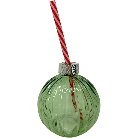 THE JOY TREE Christmas Ornament Drinking Glass, Green Ribbed Glass Cup with Candy Cane Striped Straw, Silver Decorative Cap, Holiday Beverage Tumbler