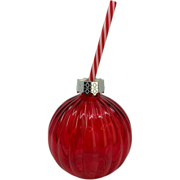 THE JOY TREE Christmas Ornament Drinking Glass, Red Ribbed Glass Cup with Candy Cane Striped Straw, Silver Decorative Cap, Holiday Beverage Tumbler