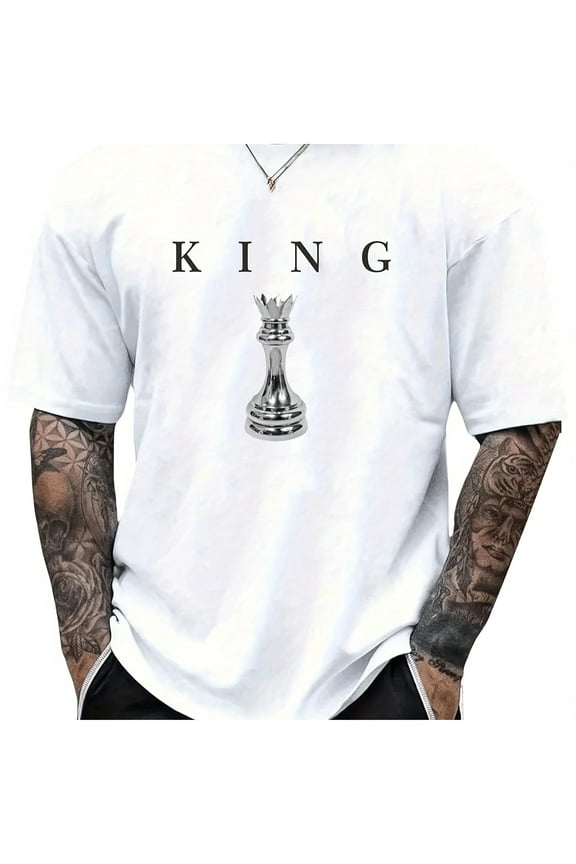 THE KING Men's Cotton T-Shirt - Black Chess King Graphic Print, Casual Short Sleeve Round Neck Tee for Casual Attire