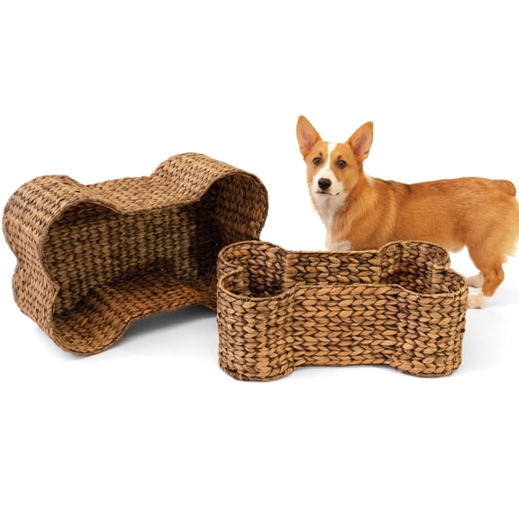 THE LICKER STORE BSK4000A-2SET Digby Bone-Shaped Large Hand Woven Water Hyacinth Nesting Pet Toy Organizer Baskets, Natural (Set of 2)